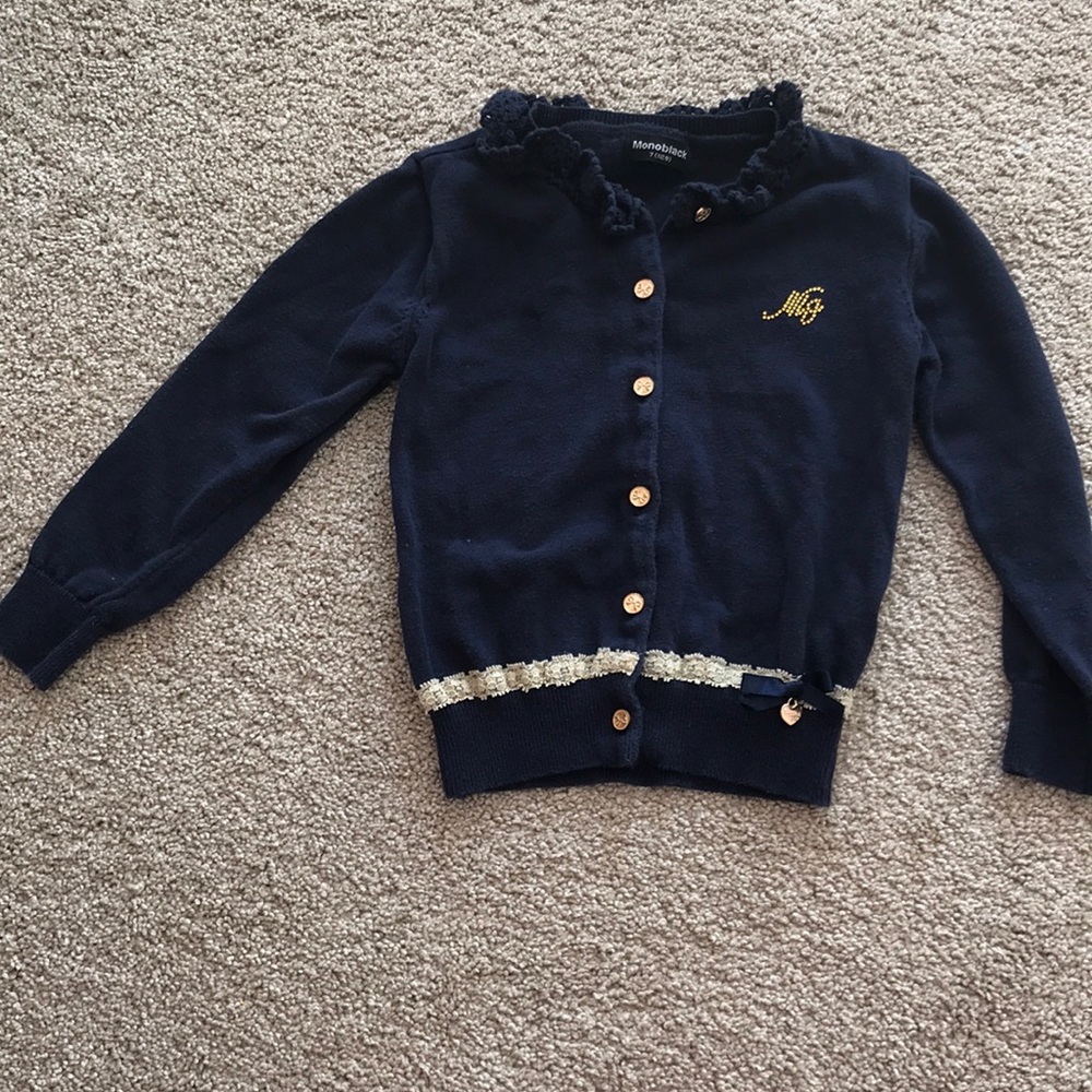 Blue cardigan ruffle collar lace hem